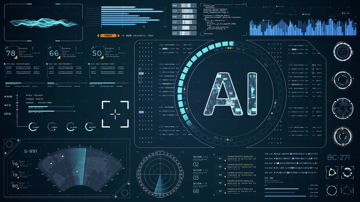 Blue digital AI with head up display panel and futuristic technology