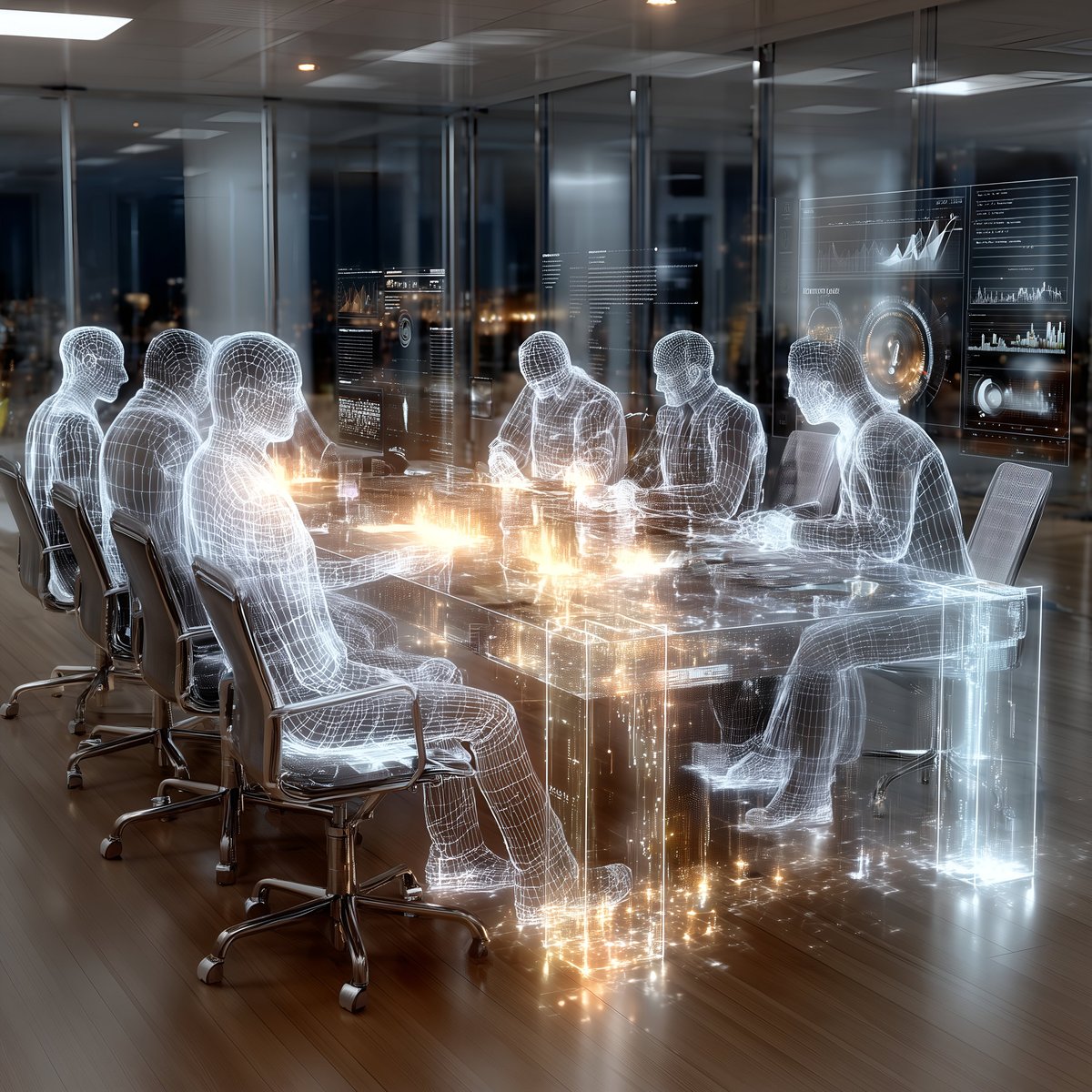 A group of holographic avatars gathers around a glowing digital conference table inside a futuristic smart office. The scene represents advanced virtual collaboration, digital workplaces, and immersive holographic communication technologies.