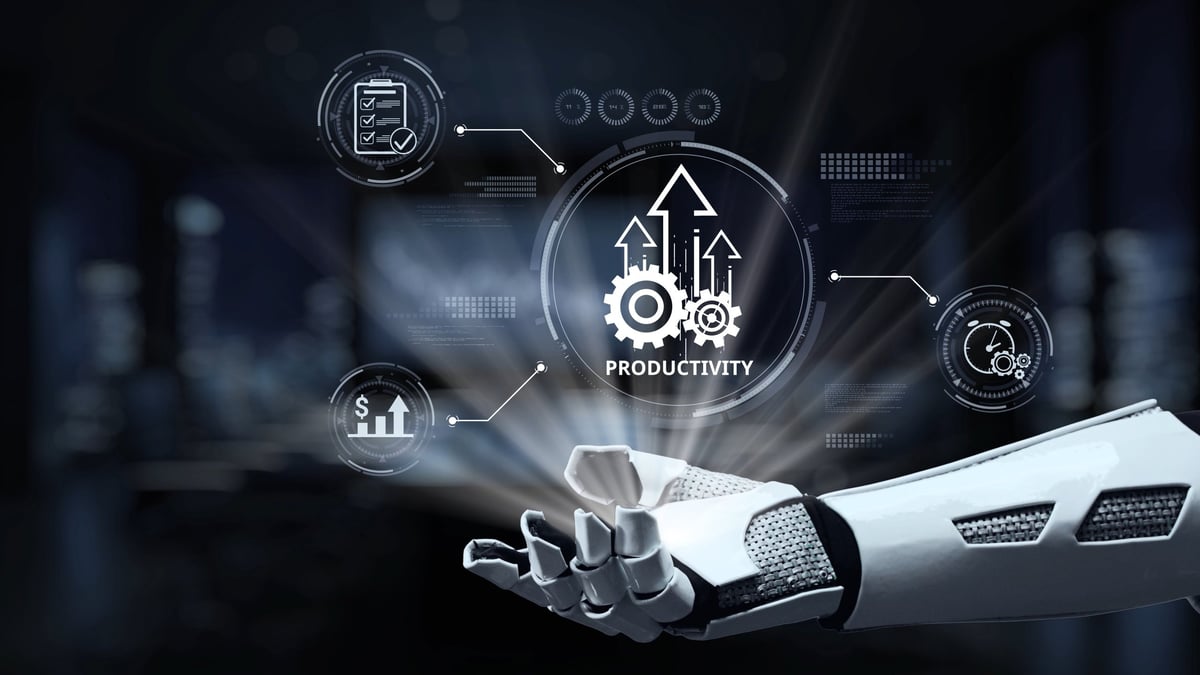 A futuristic robotic hand interacts with digital displays showcasing productivity metrics, emphasizing advanced technology role in enhancing efficiency in modern business environments
