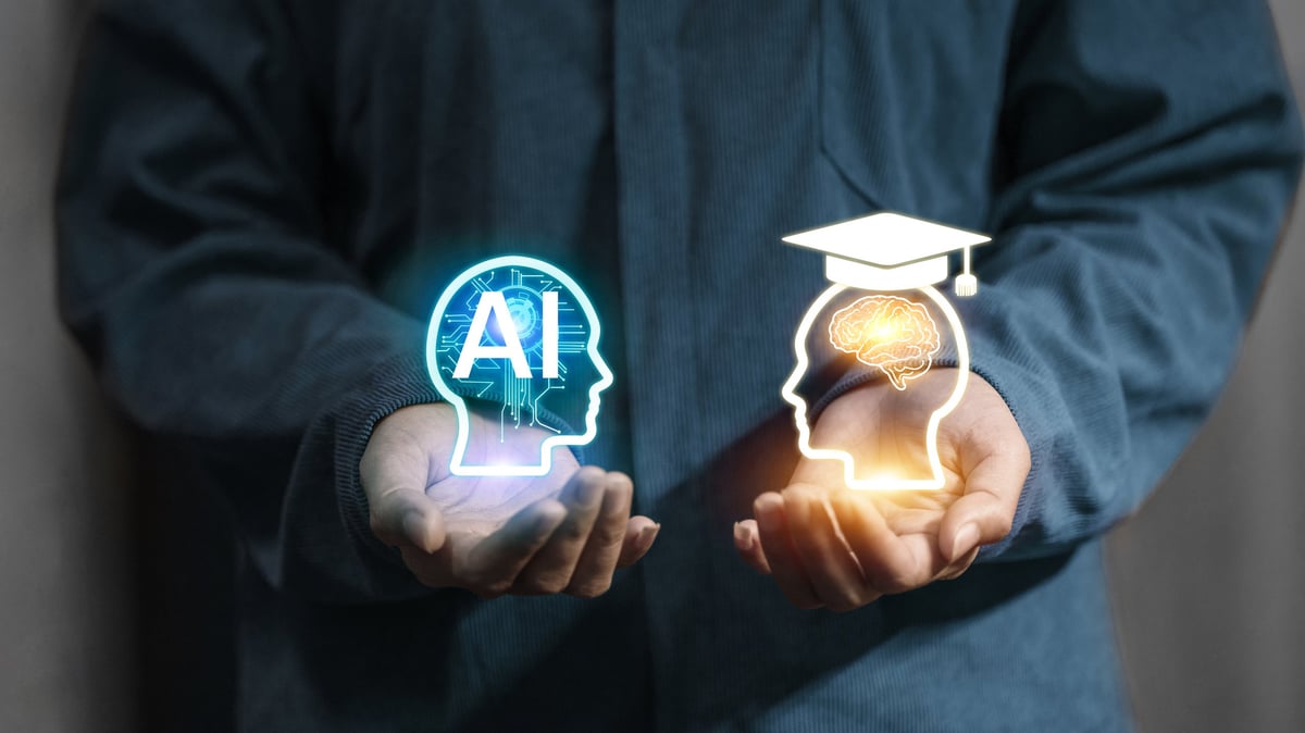 Human hand holding AI and human brain digital hologram with education and technology concept for innovation, deep learning, and knowledge transfer.