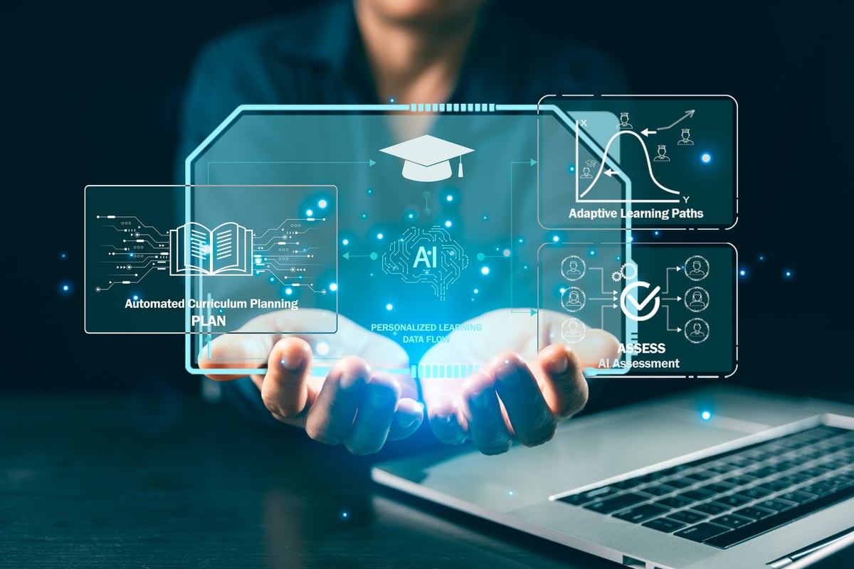 Futuristic AI education interface above laptop, showing personalized learning, adaptive paths, automated curriculum planning and assessment analytics for digital classroom automation.