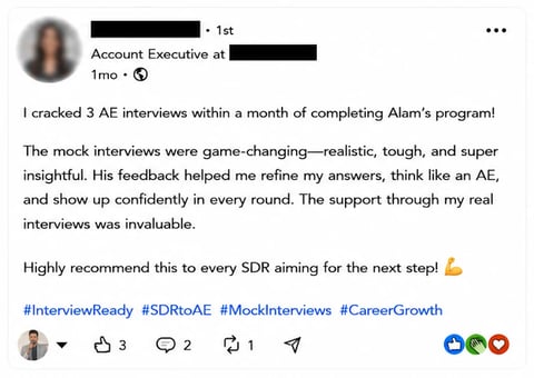 LinkedIn post by Account Executive about passing AE interviews after completing Alams program with mock interviews and career growth tips