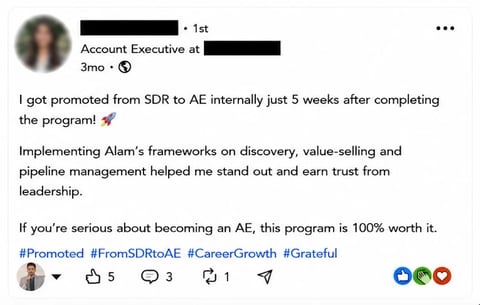 LinkedIn post by Account Executive celebrating promotion from SDR to AE, praising Alams program frameworks