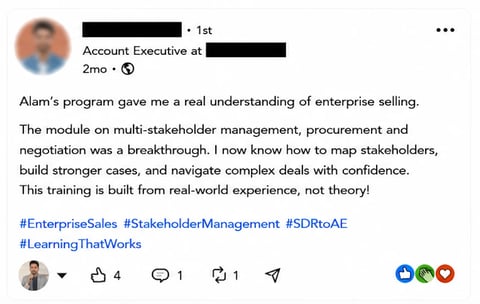 LinkedIn post by Account Executive praising Alams enterprise selling program for teaching stakeholder management and procurement skills