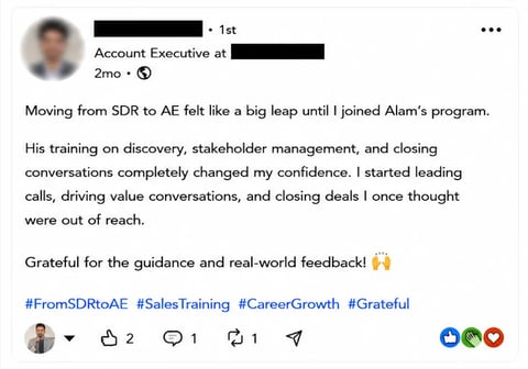 LinkedIn post from Account Executive describing career growth from SDR to AE role with training and professional development
